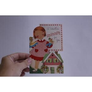 Girl Playing with Dolls and Dollhouse, Used, Valentine Card, Folding, Keepsake